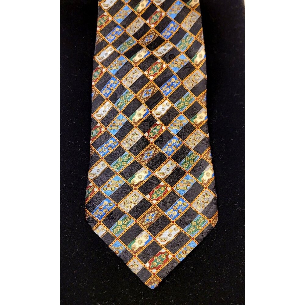 Stefano Ricci Mens Luxury 100% Silk Italian Tie Black Gold Blue Diamond Pattern